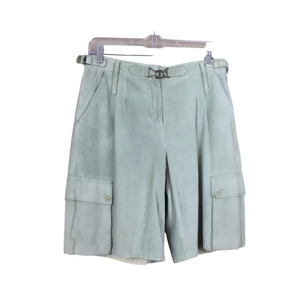 Bottega Veneta Green Leather Suede High Rise Made In Italy Cargo Shorts Size 40